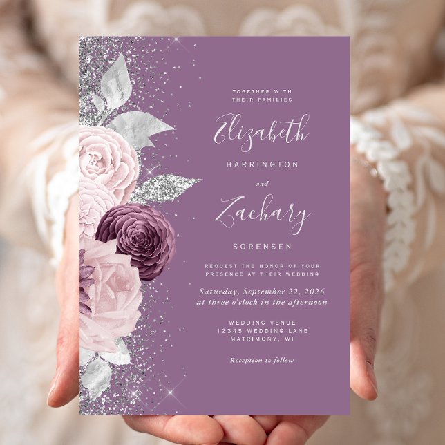 Blommig Mauve Rosenskiftande Silver Glitter Bröllo Inbjudningar (Skapare uppladdad)