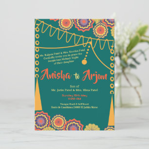 Blommig Mehndi-nattceremoni indisk bröllop Inbjudningar