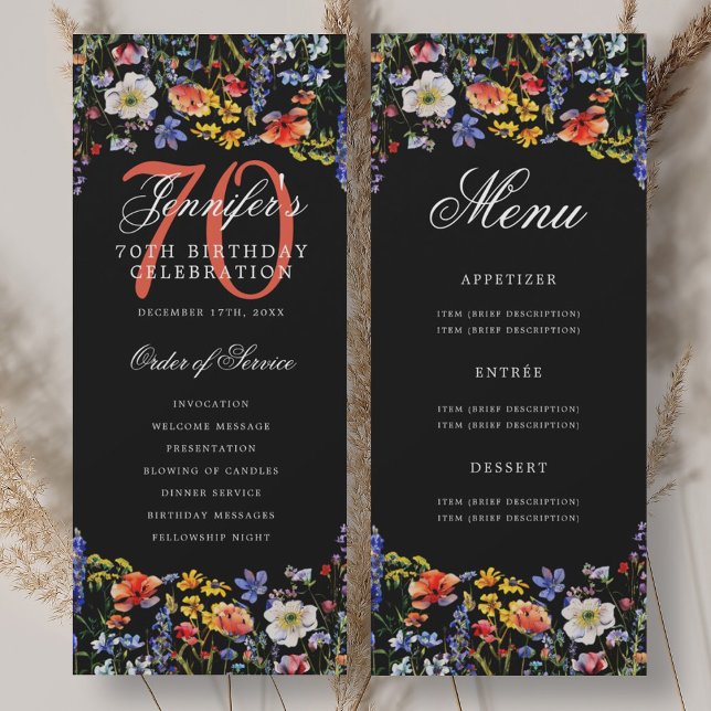 Blommig meny för 70-årsfestprogram svart inbjudningar (Floral 70th Birthday Party Program Menu Black)
