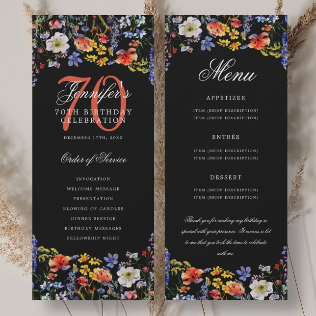 Blommig meny för 70-årsfirande tack svart inbjudningar (Floral 70th Birthday Program Menu Thank You Black)