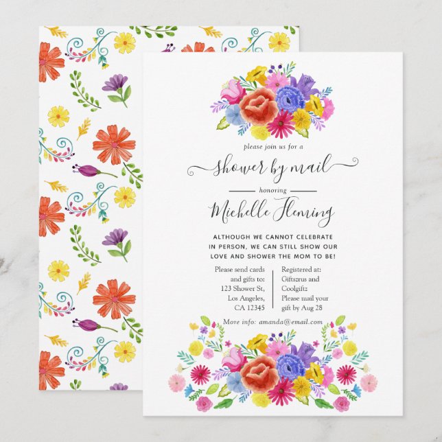Blommig mexikansk fiesta-baby shower via post inbjudningar (Fram/baksida)