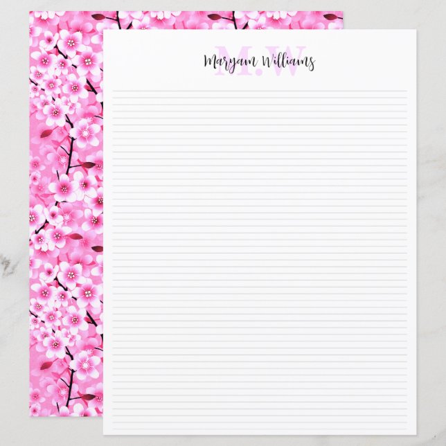 Blommig minimalistisk monogramnamn brevpapper (Fram/baksida)