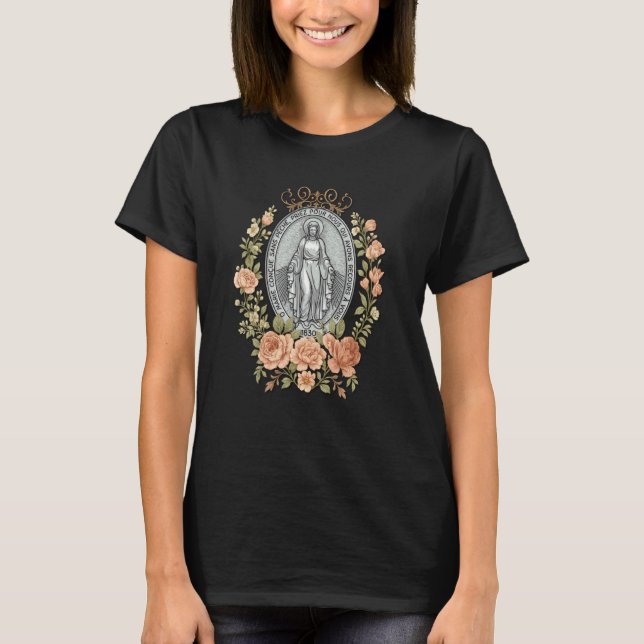 Blommig Mirakulös Medalj Marian Katolsk Fromhet T Shirt (Framsida)