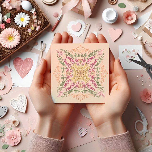 Blommig Mjuk persika kalejdoskopisk Script Bästa m Kort (Best Mom Ever manuscript doodle Seamless Fractal Mothers Day CARD)