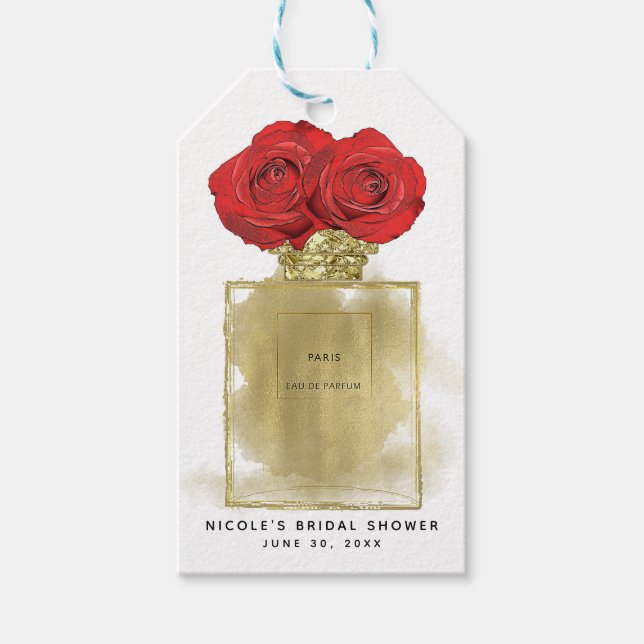 Blommig Mode Parfymflaska Röda Rosor Guld Glamour Presentetikett (Framsidan)