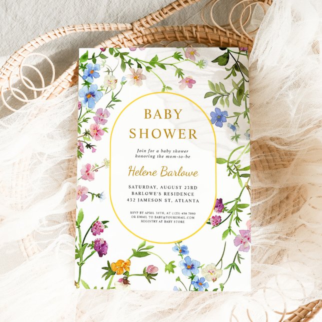 Blommig Modern Elegant Vildblomma Bebis Shower Inbjudningar (Floral Modern Elegant Wildflower Baby Shower Invitation)