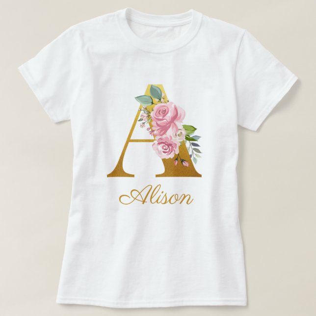 Blommig monogram Anpassat namn Initial Botanisk T Shirt (Design framsida)