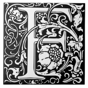 Blommig monogram bokstav F i kakel i form av alfab