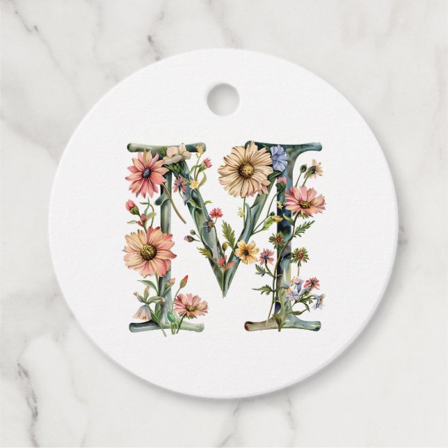 Blommig monogram bokstav M Gåvor Etiketter (Framsida)