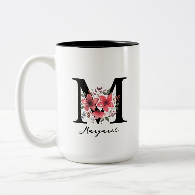 Blommig monogram bokstav M Margaret Anpassad namn  Två-Tonad Mugg (Vänster)