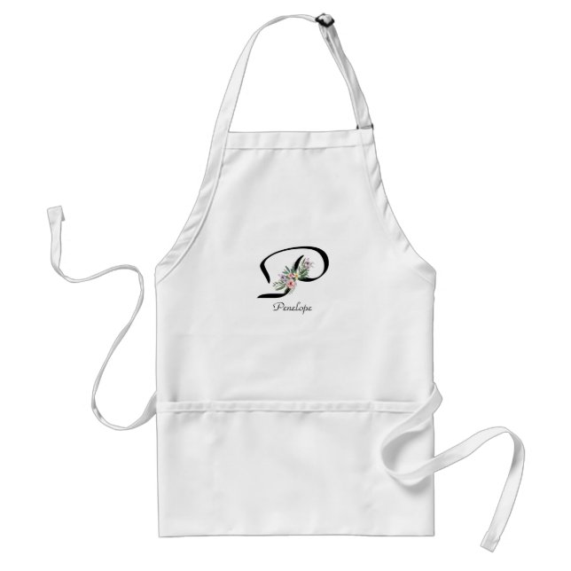 Blommig monogram-bokstav P Pensionärsförkläde Förkläde (Framsidan)