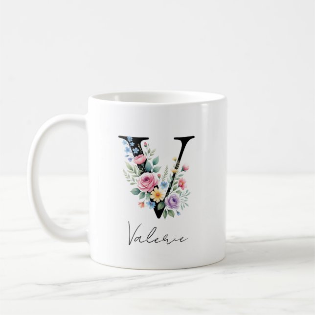 Blommig monogram – Bokstav V Kaffemugg (Vänster)