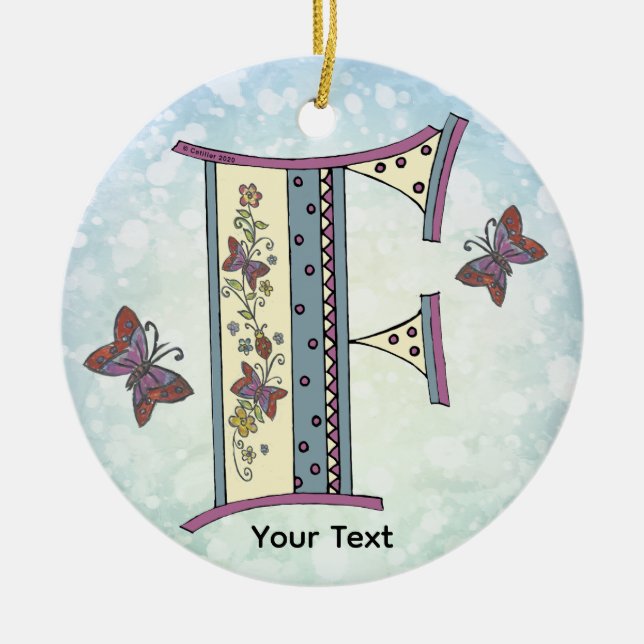 blommig Monogram F Julgransprydnad Keramik (Framsidan)