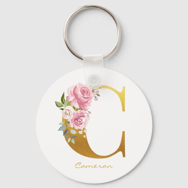 Blommig monogram falskt guldnamn initial Anpassa Nyckelring (Framsida)