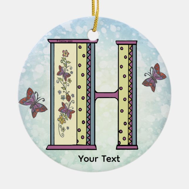 blommig Monogram H Julgransprydnad Keramik (Framsidan)