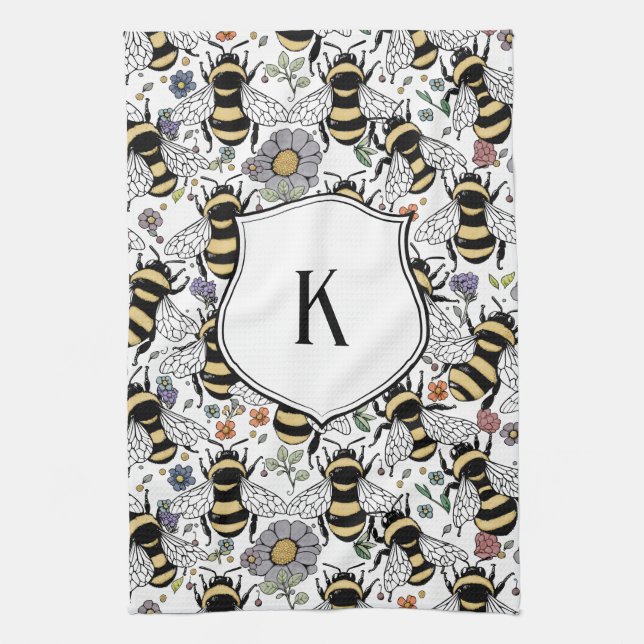 Blommig Monogram Humla  Kökshandduk (Vertikal)