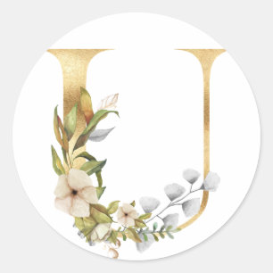 Blommig monogram i guld Classic Rund Klistermärke
