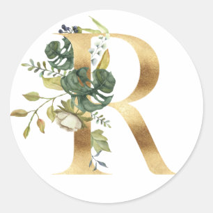 Blommig monogram i guld Classic Rund Klistermärke