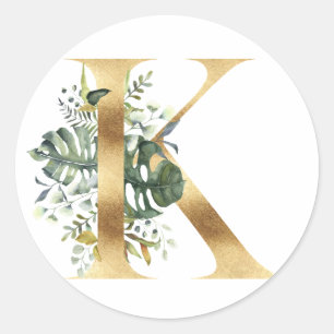Blommig monogram i guld Classic Rund Klistermärke