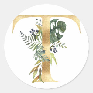 Blommig monogram i guld Klassisk rund dekal Runt Klistermärke