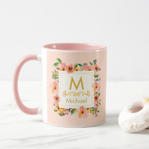 Blommig monogram I Personligt namn & guldbokstav p Mugg