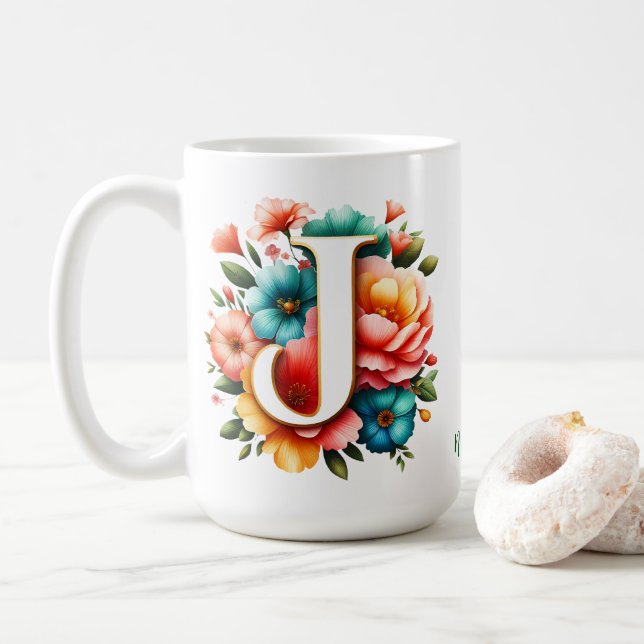 Blommig monogram J med pastellfärgade blommor Kaffemugg (Med munk)