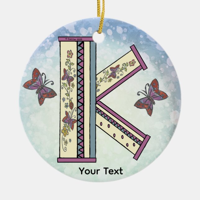 blommig Monogram K Julgransprydnad Keramik (Framsidan)