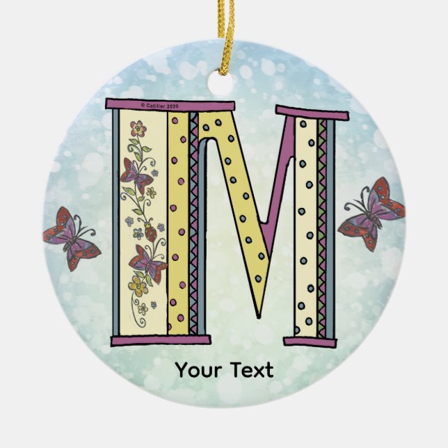 blommig Monogram M Julgransprydnad Keramik (Framsidan)