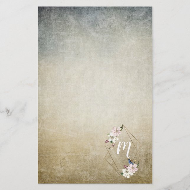 Blommig monogram med fåglar brevpapper (Framsida)
