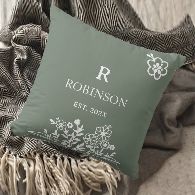 Blommig monogram mjuk teal anpassad initial  kudde (Floral Monogram Soft Teal Custom Initial Throw Pillow)