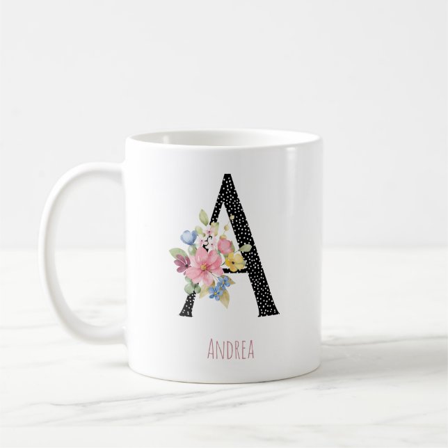 Blommig monogram namn A svart prick  Kaffemugg (Vänster)