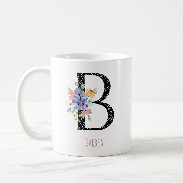 Blommig monogram namn B Svart prick  Kaffemugg (Vänster)