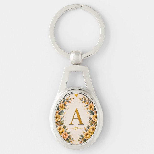 Blommig Monogram Personlig Nyckelring (Framsidan)