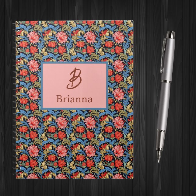 Blommig monogram rosa blå William Morris-stil Anteckningsbok (Skapare uppladdad)