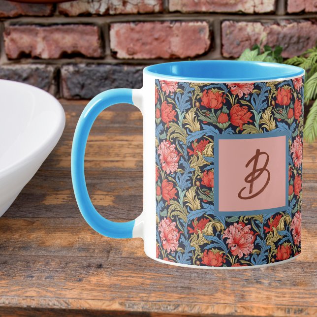 Blommig monogram rosa blå William Morris-stil Mugg (Skapare uppladdad)