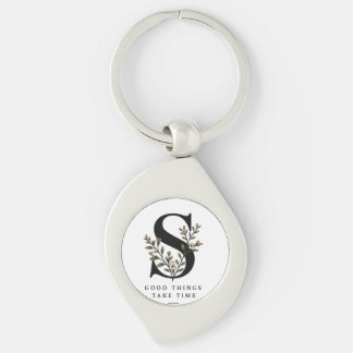 Blommig Monogram S Coaster - Bra saker tar tid Swirl Silverfärgad Nyckelring