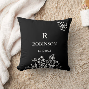 Blommig monogram svart & vit anpassad initial kudde