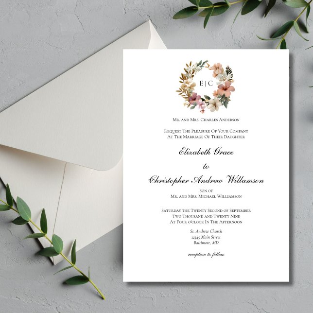 Blommig monogram traditionell formell elegant bröl inbjudningar (Floral Monogram Crest elegant traditional minimalist classic wedding invitation. Printed or Digital)