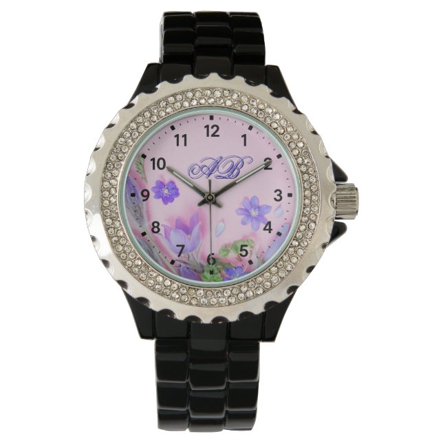 Blommig monogramklocka | Blå vildblommor med rhins Armbandsur (Framsida)