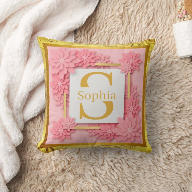 Blommig monogramkonst I Anpassat namn Rosa & Guld  Kudde (Filt)