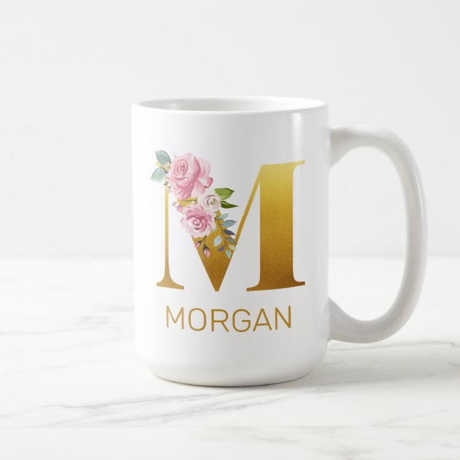 Blommig monogramnamn initial botanisk personlig kaffemugg (Höger)