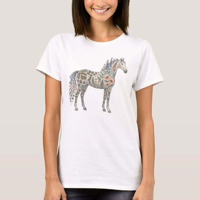 Blommig Mörk Botanisk Häst T Shirt (Framsida)