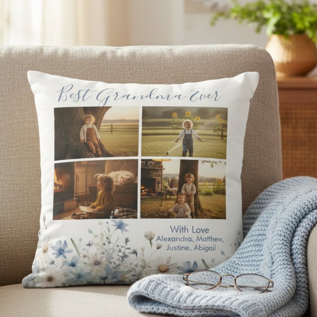 Blommig Mormor Fotokollage – Present till Henne Kudde (Blue floral best grandma photo gift throw pillow)
