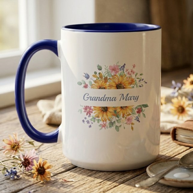 Blommig Mormor Namn Mugg Solros Present  (Watercolor sunflower mug with grandma's name — sweet Mother's Day gift for grandma)