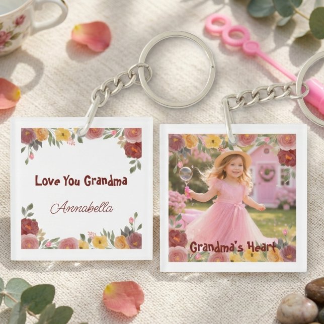 Blommig Mormors Foto – Minnessgåva (Floral Grandma photo keychain)