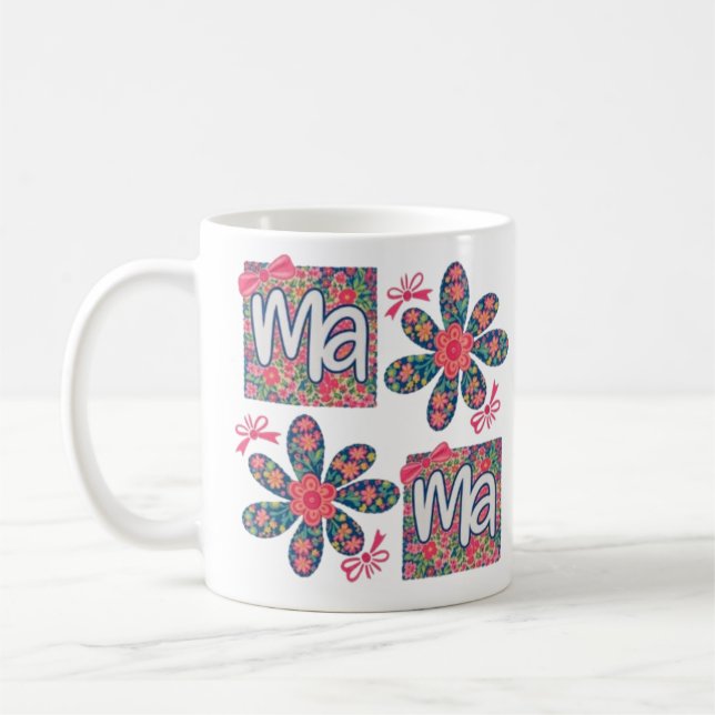 blommig mormug, söt mormug, rosa blomkruksmug kaffemugg (Vänster)