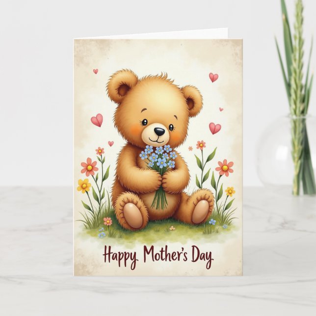 Blommig Morsdags Teddy-kort Kort (Framsida)
