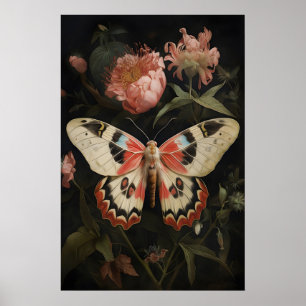Blommig Moth Fjäril Tryck, Mörk Akademi Vägg Poster