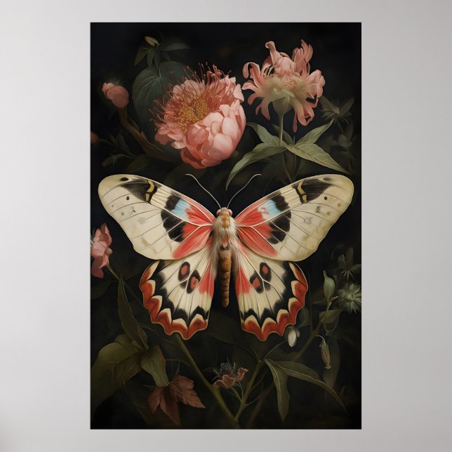 Blommig Moth Fjäril Tryck, Mörk Akademi Vägg Poster (Framsidan)