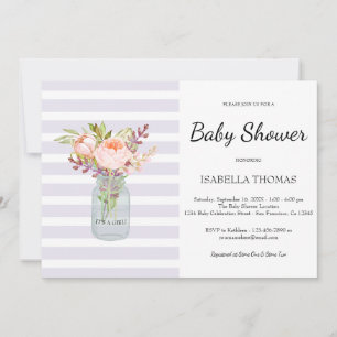 Blommig murskål med lila ränder baby shower inbjudningar